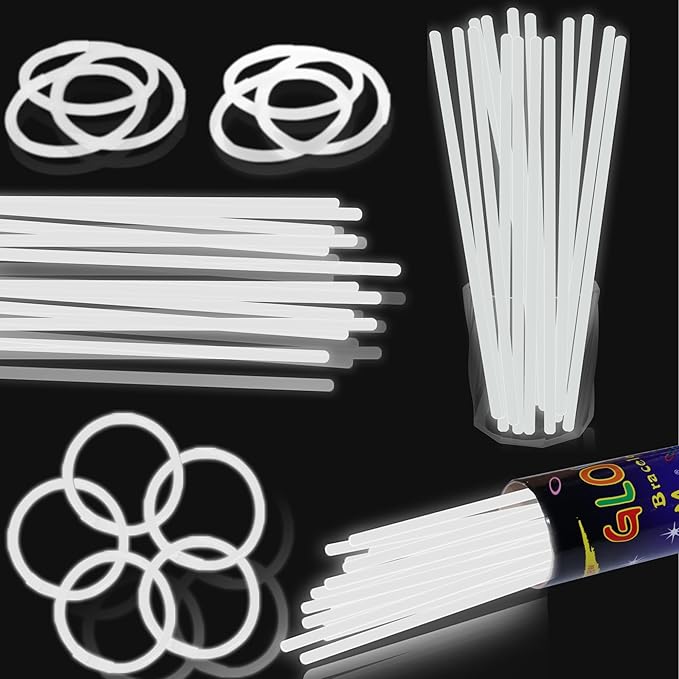 100 pk 8" White Glow Sticks Bulk Party Favors, Light up Glow Necklaces & Bracelets in the Dark Party Supplies For Christmas Halloween 4th of July Birthday Neon Party (100 * White)