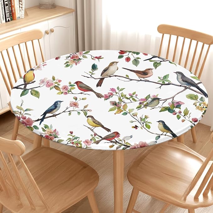 Spring Summer Round Fitted Tablecloth with Elastic Edge Bird Floral Easter Circle Table Cloth for 44-48" Round Tables Wipeable Waterproof Hummingbird Flower Table Cover for Outdoor Picnic Dining Decor