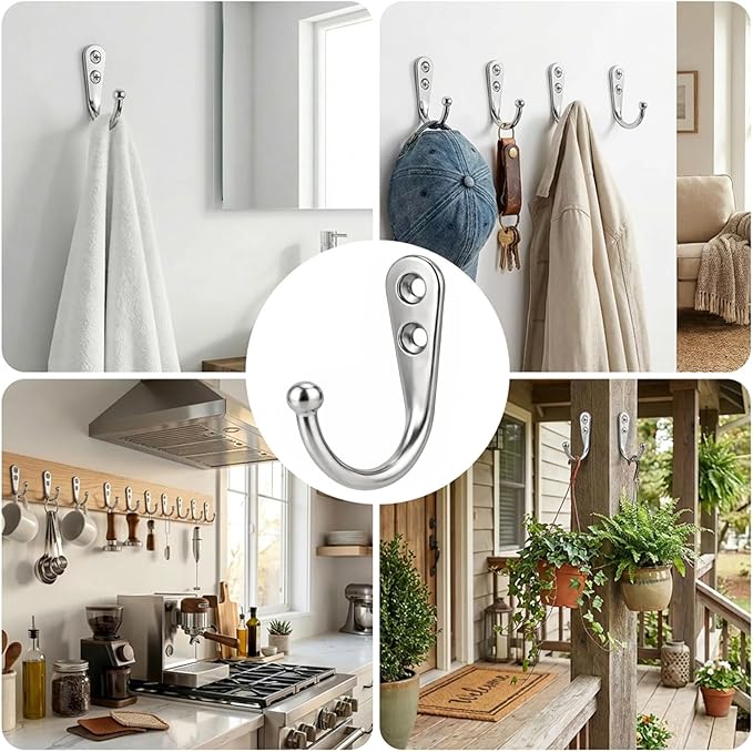 POZEAN 40 Pack Wall Hooks - Silver Coat and Towel Hooks with 80 Screws, for Hanging Coats, Scarves, Bags, Towels, Keys, Caps, Cups, Hats and More