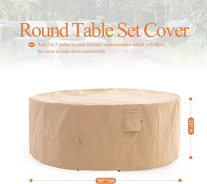 WJ-X3 Round Patio Furniture Cover, 96" D x 31" H, Waterproof, UV Resistant, Anti-Fading Outdoor Cover for Round Dining Table and Chairs Set, Beige