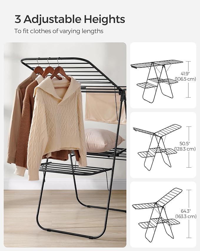 SONGMICS Clothes Drying Rack, Foldable 2-Level Laundry Drying Rack, Free-Standing Laundry Airer, with Height-Adjustable Wings, 33 Drying Rails, Sock Clips, Black ULLR053B01V1
