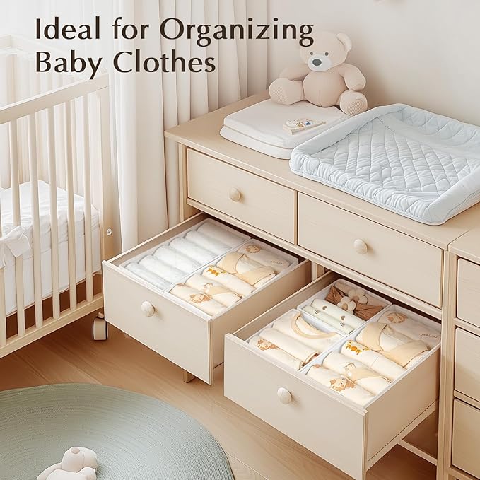 DIMJ Drawer Organizers - Set of 4 Fabric Closet Organizers and Storage, Drawer Dividers for Baby Clothes, Socks, Belt, Tie (White)