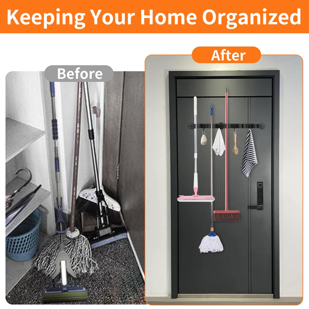 Magnetic Broom Holder Wall Mount with 4 Hooks and 5 Rack