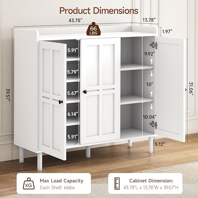 5+2 Tier Shoe Storage Cabinet with 3 Doors, 40" Tall Entryway Cabinet for 30 Pairs Shoe, Shoe Rack Organizer with 5 Adjustable Shelves & Metal Legs, Shoe Storage for Front Door Entrance, White