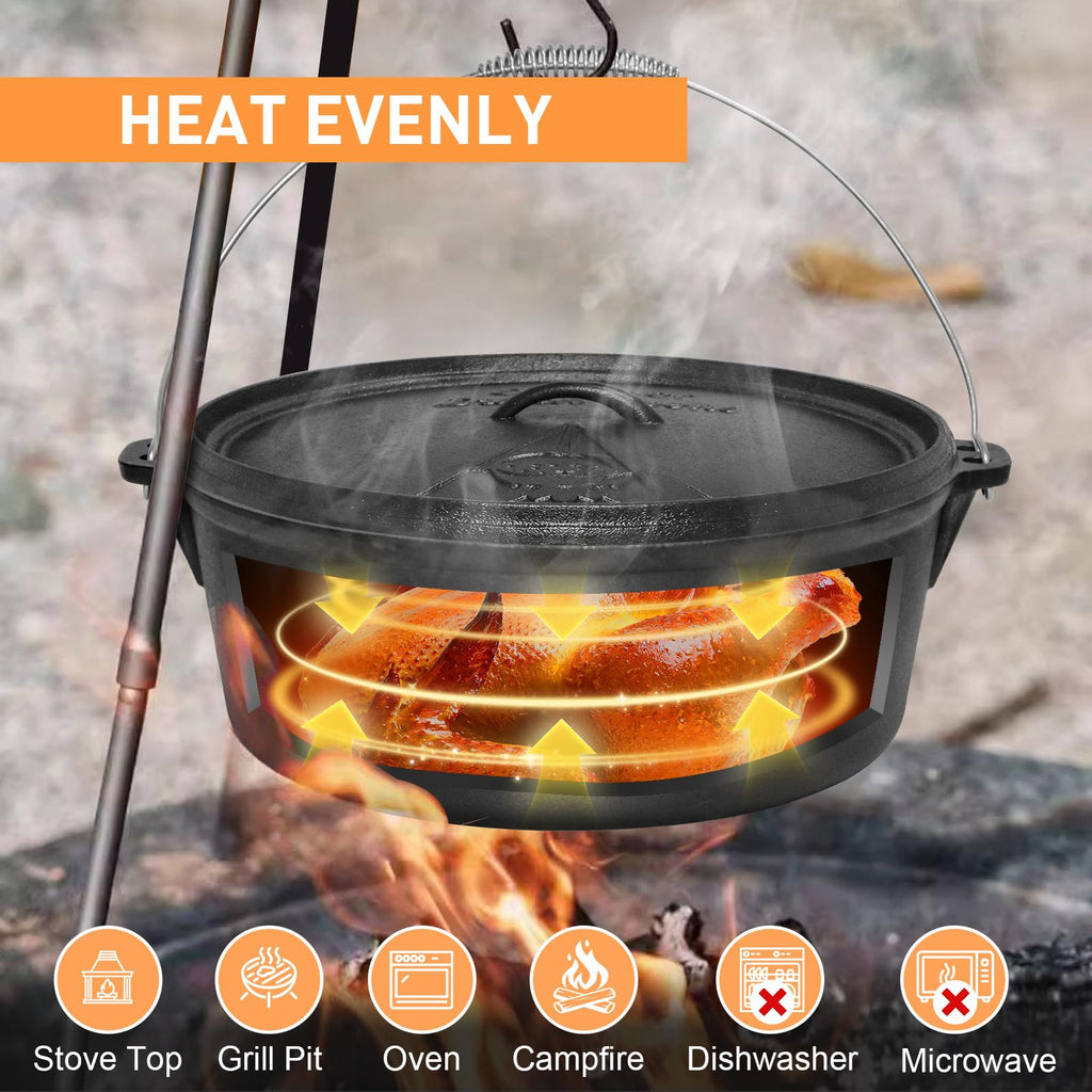 NSIRONS Camping Dutch Oven,12 Qt Pre-Seasoned Cast Iron Camp Dutch Oven Pot with Lid - Lid Lifter, Cast Iron Dutch Oven with Metal Handle for Cooking BBQ Baking Campfire Modern Black