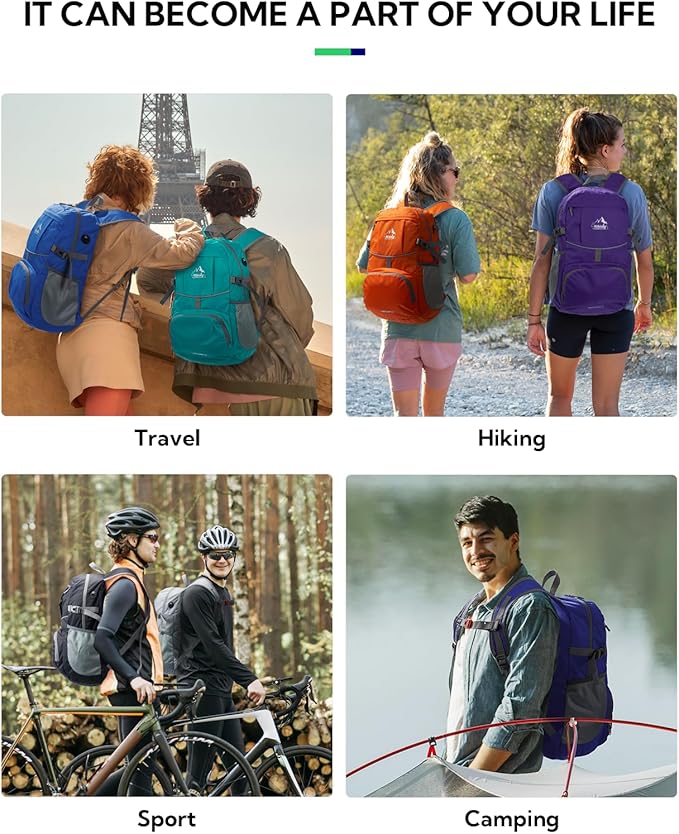 WATERFLY Hiking Foldable Daypack Backpack: 25L Ultra Lightweight Waterproof Day Pack for Woman Man - Small Compact Packable Folding Back Pack for Outdoor Sport Cycling Biking Travel Trip - Purple