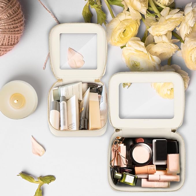 Prite Clear Makeup Bag Set for Women Portable Clear Makeup Bag Cute Waterproof Travel Cosmetic Bag with Gold Zipper for Car Essentials(Beige)