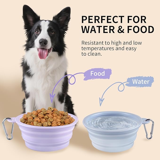 Collapsible Dog Bowls 2-Pack, Portable Travel Dog Bowl with Carabiner, Food-Grade Silicone Pet Bowl for Hiking, Walking (22 OZ Macaron Blue and Violet)