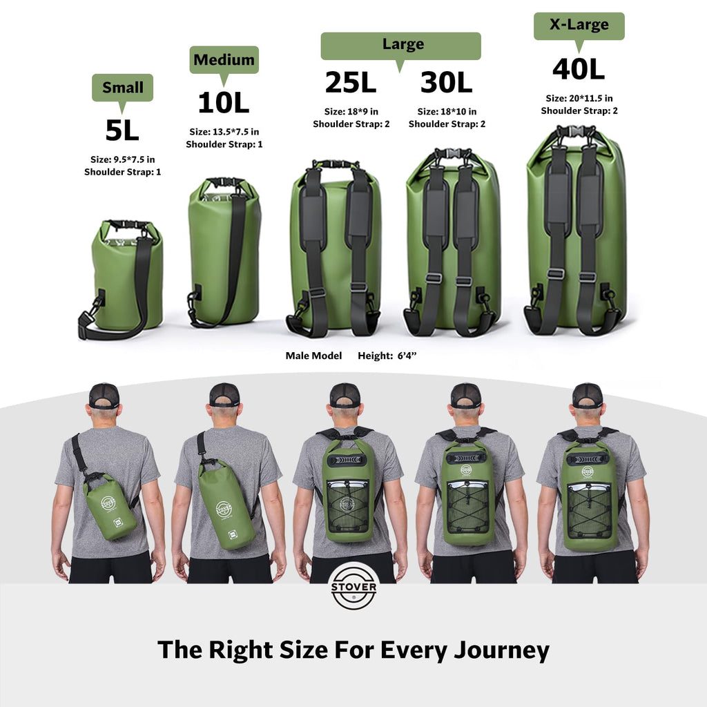 STOVER 5/10/25/30/40L Waterproof Dry Backpack & Phone Case- Large Floating Dry Bag for Kayaking, Travel, Hiking, Fishing, Camping, Motorcycles & Beach, Heavy-Duty Roll Top Men/Women (Black)