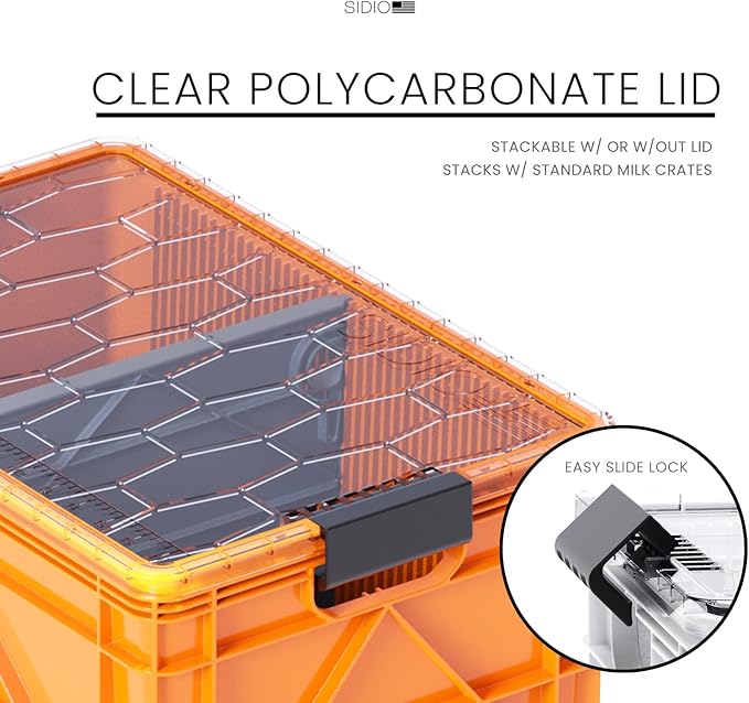 SIDIO CRATE Starter Pack - Two Full Size and One Half Size SidioCrate, Stackable Outdoor Organizer Storage Bins with Clear Lid and Dividers - Orange