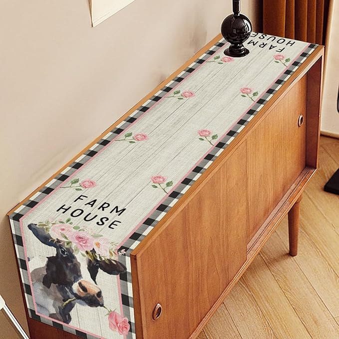 Cow Farmhouse Table Runner, Rustic Black White Plaid Buffalo Animals Flower Rose Farm Coffee Table Center Decor for Family Kitchen and Living Room Country Holiday Party Table Decorations, 13" X 108"
