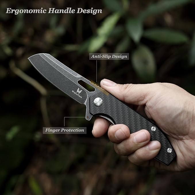 Folding Pocket Knife - 3.54'' CPM S35VN Black Steel Blade, Carbon Fiber Ergonomic Handle - Camping Outdoor Self-Defense & Protection EDC Knife, Men & Women Best Gifts