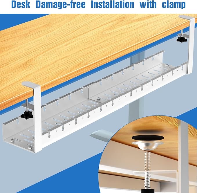 No Drilling Under Desk Cable Management, Metal Cable Management Tray Under Desk with Clamp, Retractable Power Strip Cord Holder for Wire Management 31Inch (2 Pack White)