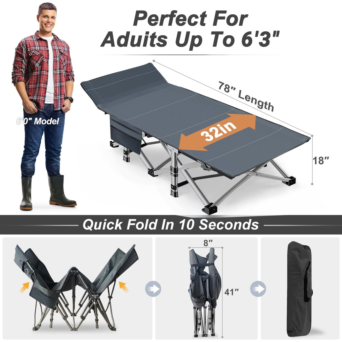 ABORON XXL Camping Cot for Adults, Oversized 78"×32" Folding Camping Bed, 900LBS Heavy Duty Outdoor Sleeping Cot with Mattress Pad, 1200D Oxford, Portable with Carry Bag