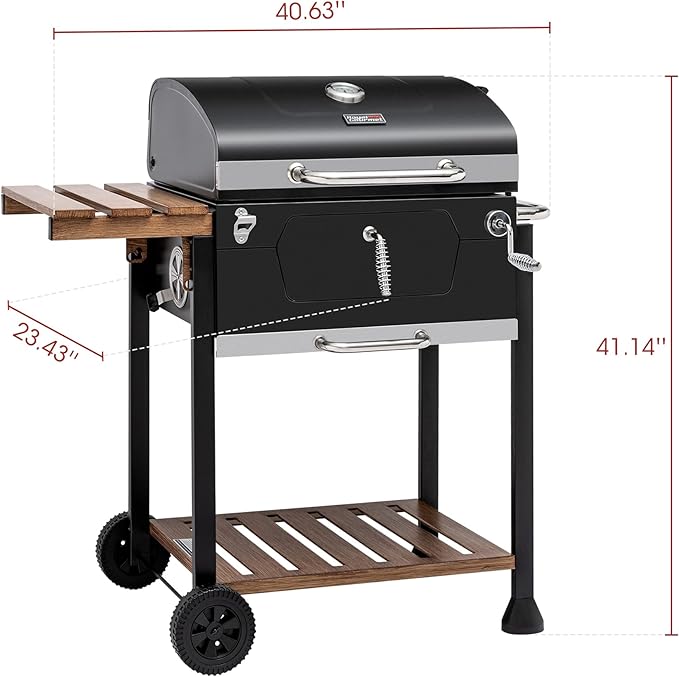 Royal Gourmet CD1824M 24-Inch Charcoal Grill, BBQ Smoker with Handle and Folding Table, Perfect for Outdoor Patio, Garden and Backyard Grilling, Black, Medium