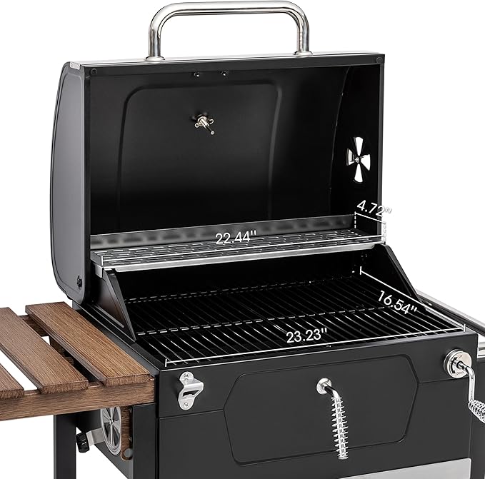 Royal Gourmet CD1824M 24-Inch Charcoal Grill, BBQ Smoker with Handle and Folding Table, Perfect for Outdoor Patio, Garden and Backyard Grilling, Black, Medium