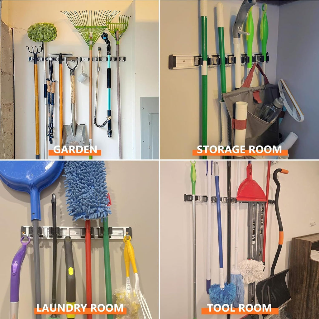 Broom Holder Wall Mount Mop Hanger Tools organizer 4Racks 5Hooks