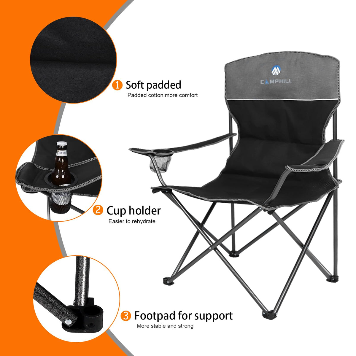 CAMPHILL Camping Chair Set of 4 - Outdoor Folding Chairs With Table, Heavy Duty Lawn Chair With Cup Holder, Collapsible Set Include One Sofa Chair, Two Single Chairs and Table