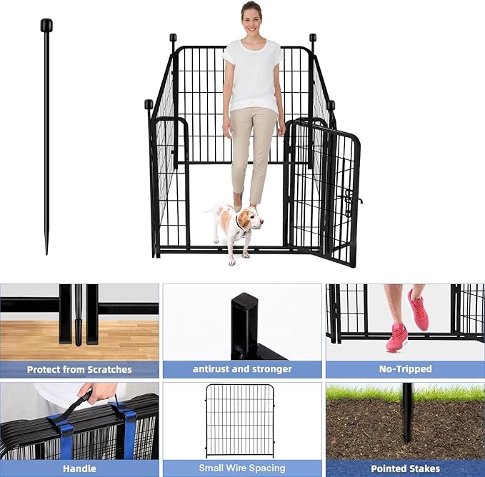 ADAVIN Tall Garden Fence with Gate,40 in(H) 4 Panels Animal Barrier Fence, Black Heavy Duty Iron Metal Fencing Border, Indoor or Outdoor Dog Playpen, No Dig RV Fencing for Yard. Total 8.9 FT(L)