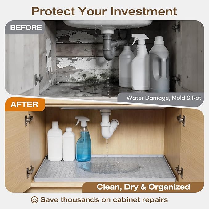 TRZZ Silicone Waterproof Under Sink Mat 28" x 19", Drip Tray and Cabinet Liner for Kitchen and Bathroom, Prevents Water Damage and Organizes Cabinets (Light Grey)