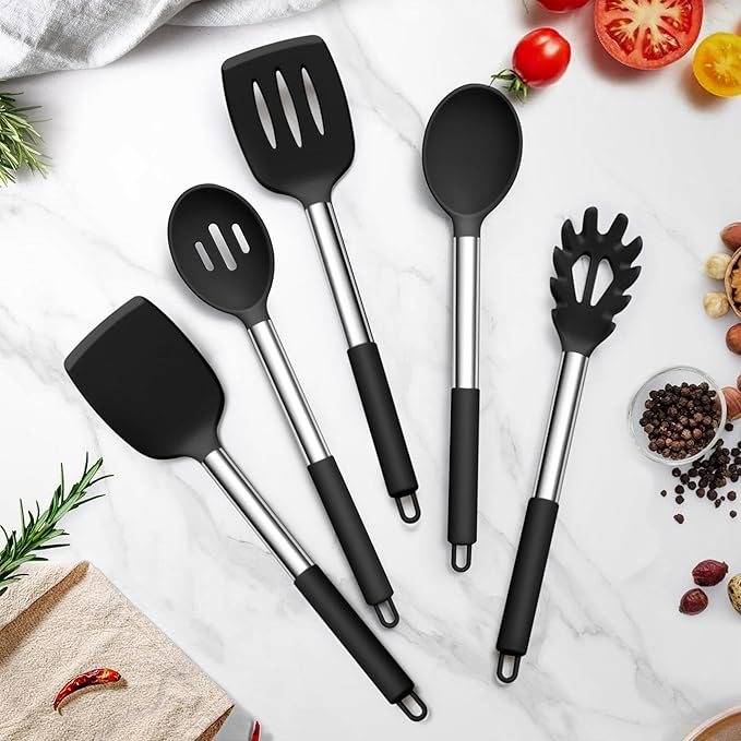 TeamFar Cooking Utensils Set, 5 PCS Silicone Kitchen Utensils with Stainless Steel Handle, for Nonstick Cookware Flipping Frying Turning Draining, Heatproof & Healthy, Nonstick & Easy Clean, Black