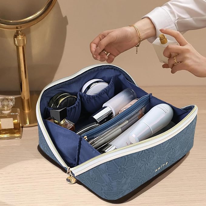 Prite Makeup Bag for Women Travel Waterproof Vegan Leather Cosmetic Bag Open Flat Toiletry Bag With Clear Divider and Handle (Blue Flower, Medium)