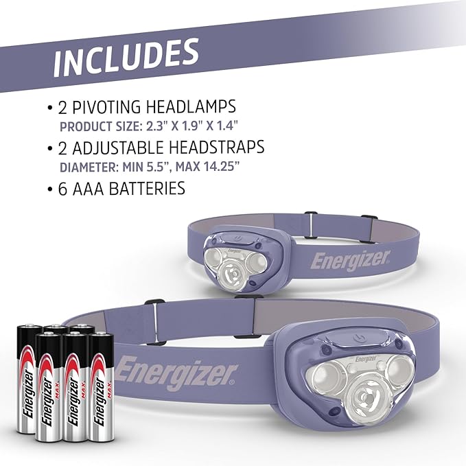 Energizer LED Headlamp PRO (2-Pack), IPX4 Water Resistant Headlamps, High-Performance Head Light for Outdoors, Camping, Running, Storm, Survival LED Light for Emergencies (Batteries Included)
