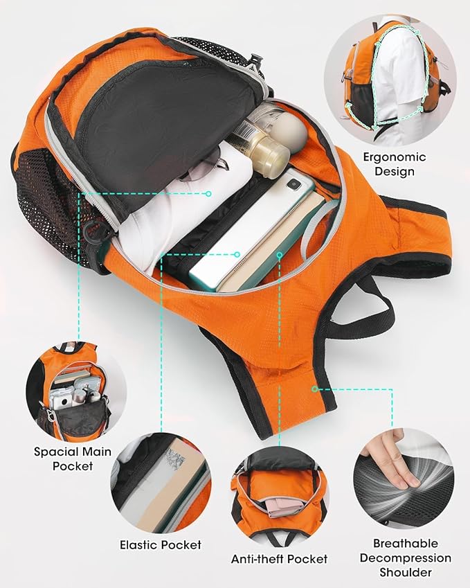 Small Hiking Backpack with Front Phone Holder, Packable Back pack with Chest and Waist Strap, Lightweight Daypack for Women Men
