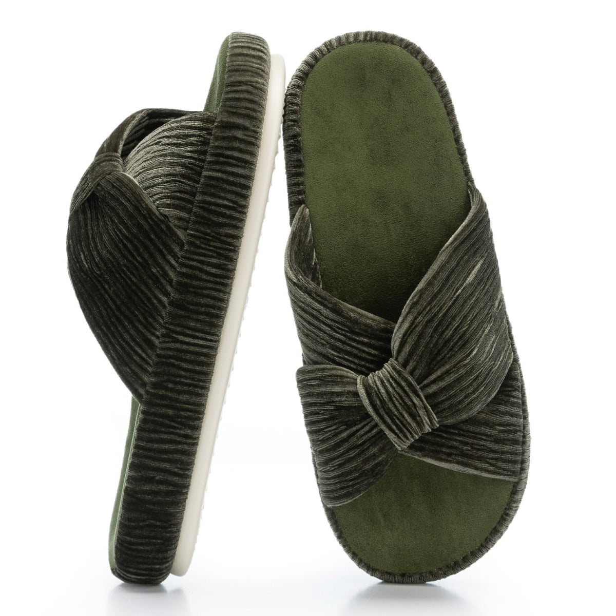 Slippers for Women Memory Foam House Bedroom Bow Crossbands Pearlescent Slipper Shoes Comfy Trendy Gift Slippers Olive Size 9 10 8.5