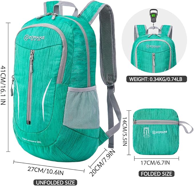 ZOMAKE 25L Ultra Lightweight Packable Backpack, Foldable Hiking Backpacks Water Resistant Small Folding Daypack for Travel(Dark Green)