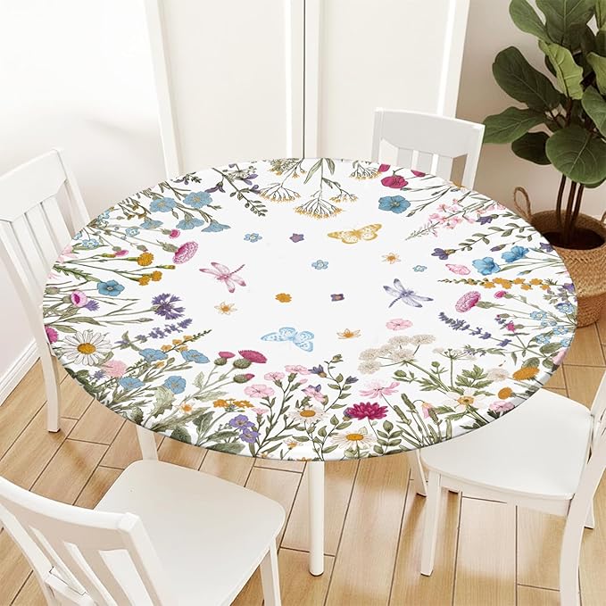 Spring Summer Floral Round Fitted Tablecloth with Elastic Wildflower Butterfly Circle Table Cloth for 36-40" Tables Wipeable Waterproof Farmhouse Easter Flowers Table Cover for Picnic Outdoor Dining