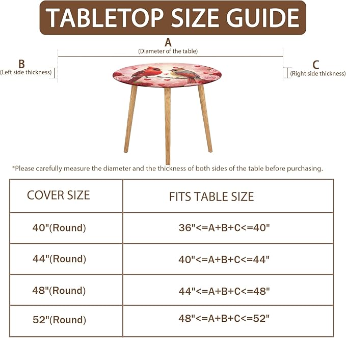 Valentines Day Round Fitted Tablecloth with Elastic Cardinal Bird Heart Circle Table Cloth for 48-52" Tables Wipeable Waterproof Washable Valentine Red Birds Table Cover for Picnic Dining Party Decor