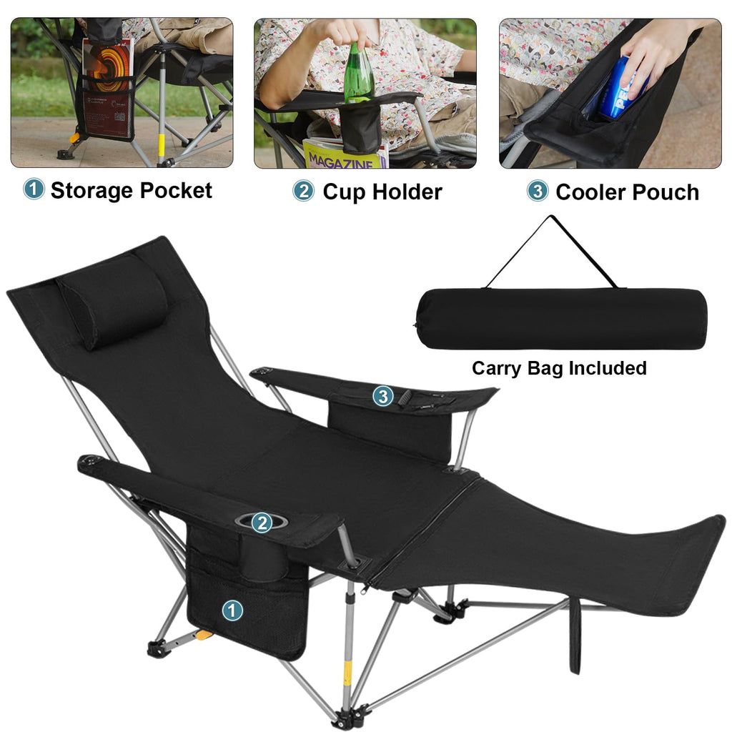 Romswi 2Pack 4-Position Reclining Camping Chair with Removable Footrest, 2-in-1 Adjustable Portable Lounge Chair with Cooler Bag, Cup Holder, Side Pockets & Carry Bag for Outdoor, Black