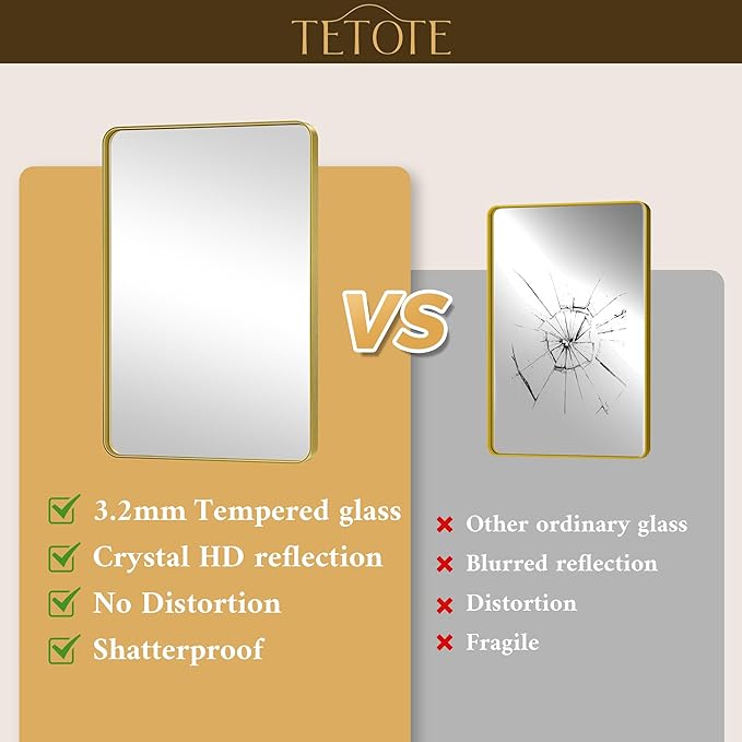 TETOTE 72 x 36 Inch Gold Framed Mirror Vanity Mirrors for Wall Decor Brushed Gold Bathroom Mirrors, Tempered Glass, Modern Farmhouse Wall Mounted Mirror for Decorative(Horizontal/Vertical)