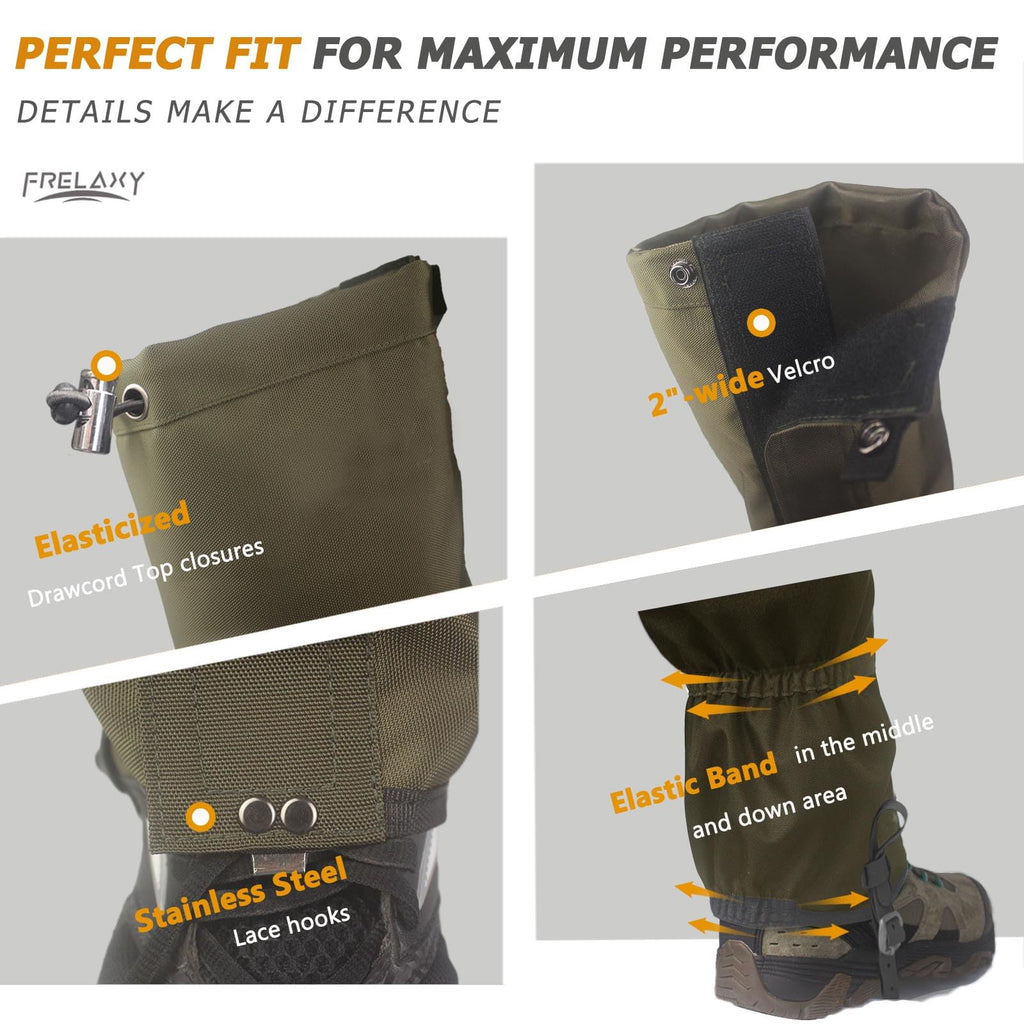 Frelaxy Leg Gaiters 100% Waterproof Hiking Gaiters, Hunting Gaiters with Upgraded Rubber Foot Strap, Adjustable Snow Boot Gaiters for Skiing Motorcycle Snowshoeing (Olive Green, L)