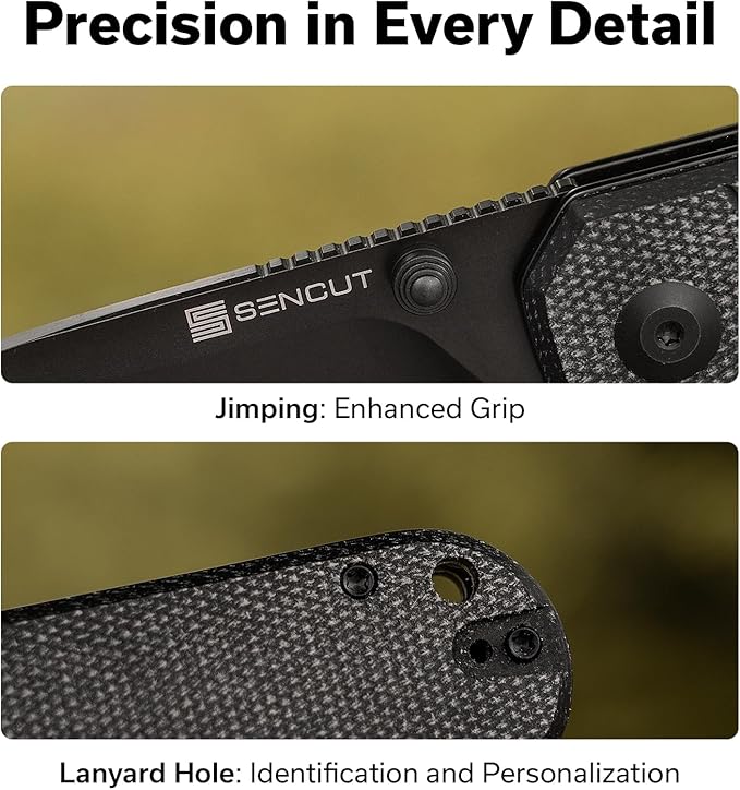 SENCUT Aetheris Pocket Knife, EDC Folding Knife with 3.68'' 9Cr18MoV Blade & Canvas Micarta Handle, Reversible Clip for Camping Hiking S24095-3(Black)
