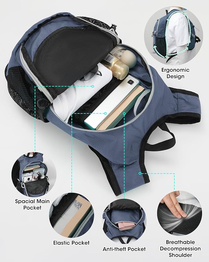 Small Hiking Backpack with Front Phone Holder, Packable Back pack with Chest and Waist Strap, Lightweight Daypack for Women Men