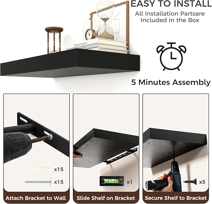 Venusmiles Floating Shelves for Wall, 30 Inch Floating Shelves Set of 2, 6.5" D Wooden Wall Mounted Display Shelves with Invisible Brackets for Living Room, Bedroom, Bathroom, Kitchen Decor, Black