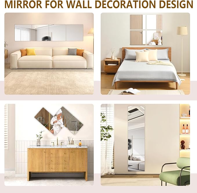 Stick on Small Mirror for Wall Decor, 4 Pack 11.7”x11.7” Acrylic Mirror Tiles, Plastic Non Glass Sticky Kids Safety Toddler Mirrors, Shatterproof Mirrors Sheet for Bedroom Closet