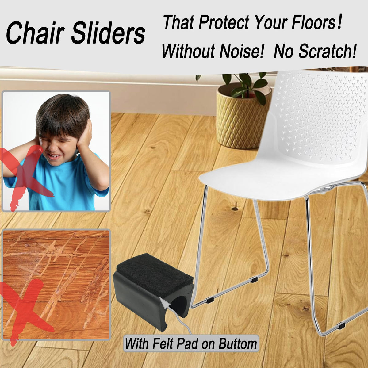 Rectangle U Shaped Sled Chair Leg Tips Cap with Felt Pads (8 Count)