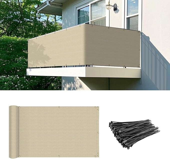 2.5' x 205' Balcony Privacy Screen Fence Cover with Zip Ties Grommets for Apartment Patio Porch Deck Backyard Outdoor (Beige)