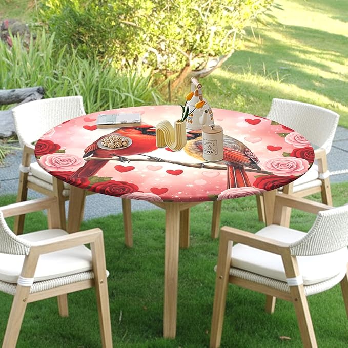 Valentines Day Round Fitted Tablecloth with Elastic Cardinal Bird Heart Circle Table Cloth for 36-40" Tables Wipeable Waterproof Washable Valentine Red Birds Table Cover for Picnic Dining Party Decor