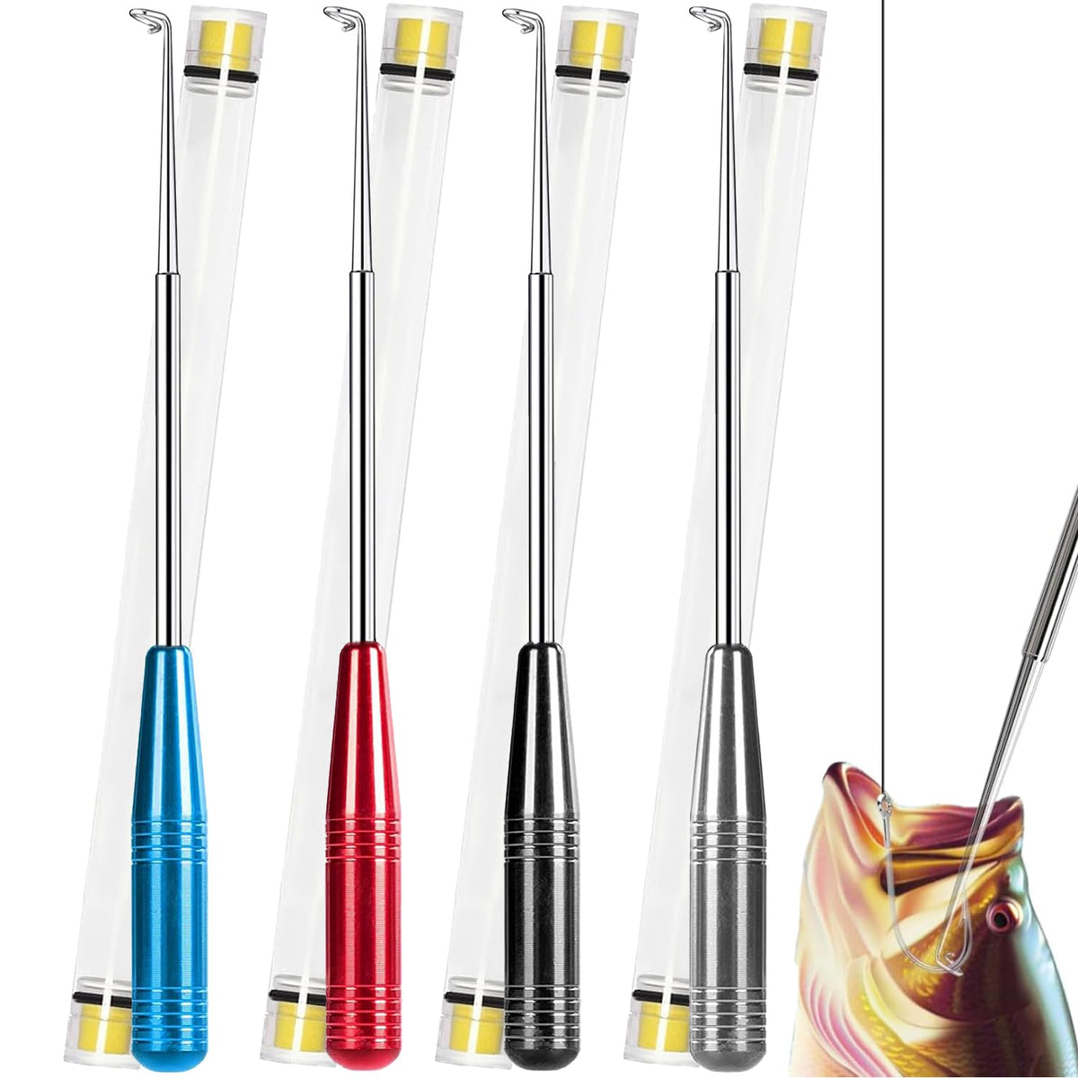 Fish Hook Remover Tool, Fishing Hook Quick Removal Descending Device, Fishing Gear Security Equipment Kits, Hook Extractor Accessories Detacher Tools with 4PCS Storage Tube