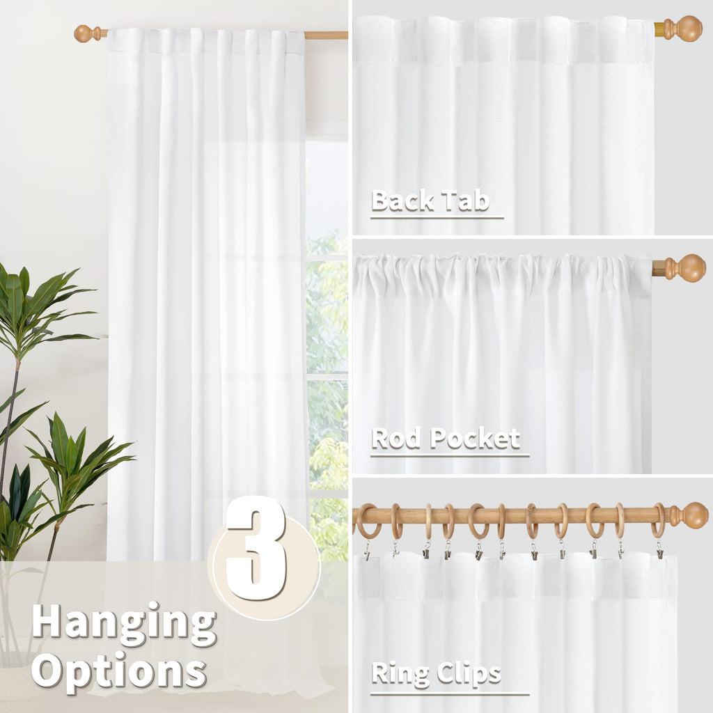 White Linen Curtains 36 Inch Length for Kitchen Window Over Sink (2 Count)