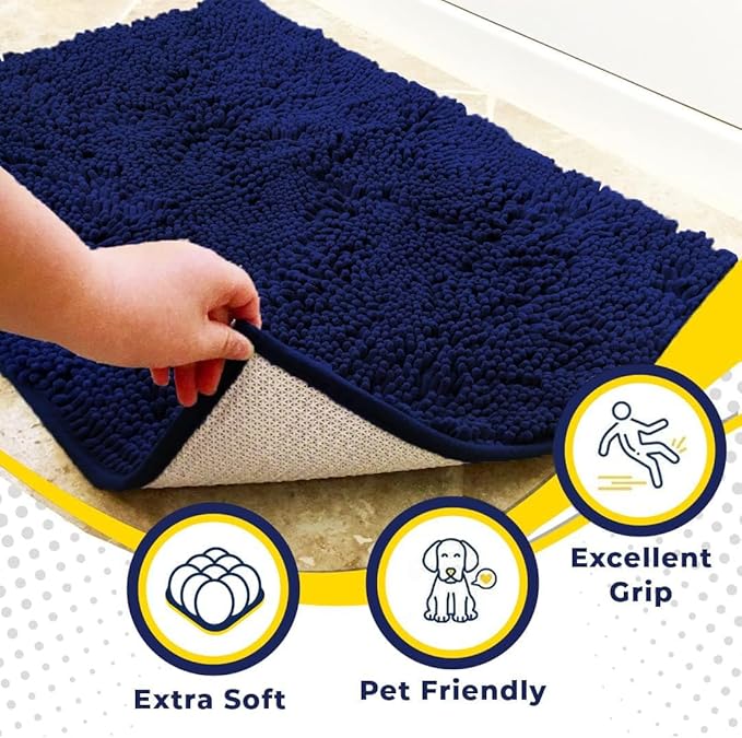 Muddy Mat® Shown on TV – Super Absorbent Microfiber Dog Door Mat for Muddy Paws, Non-Slip Washable Pet Rug, Quick Dry Chenille Entryway Carpet, Machine Washable Indoor Outdoor mat, Navy Blue 28"x18"