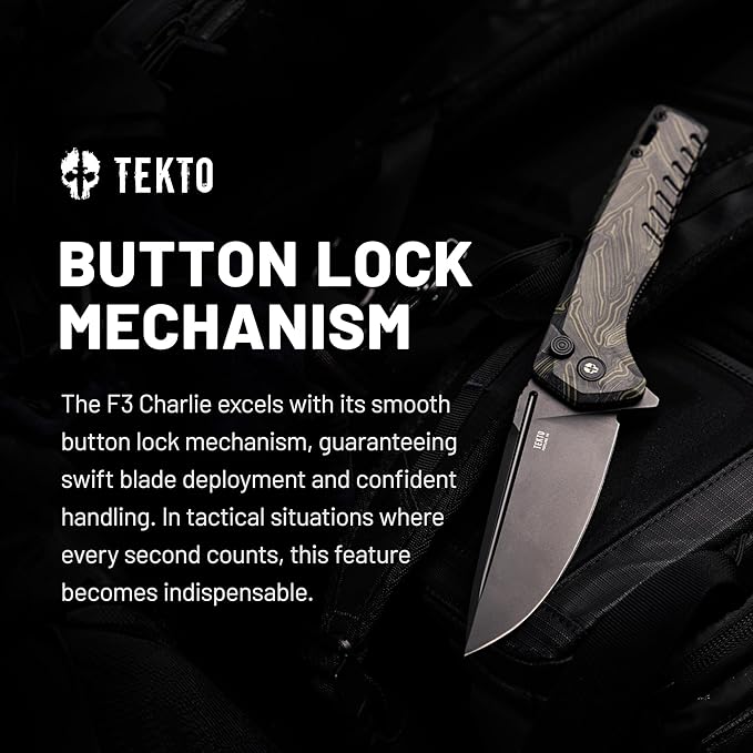 F3 Charlie Button Lock Folding Knife, Oversized Fine Edge Blade, Tactical Damascus G10 Handle - Easy Open Pocket Knife with Titanium Coated D2 Steel & Black Titanium Barrel Spacers