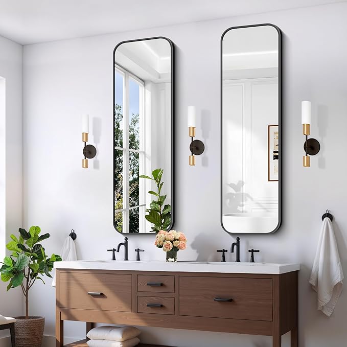 FORBATH Bathroom Mirror 55" x 16", Rectangle Black Bathroom Mirror with Black Aluminum Frame Rounded Corner, Wall Mounted Mirror for Bedroom Entryway Living Room