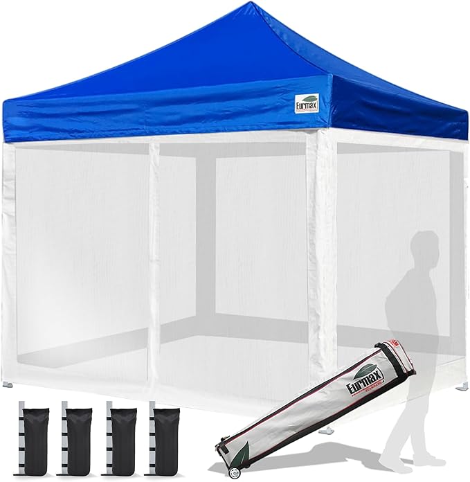 Eurmax USA 10'x10' Pop-up Canopy Tent Commercial Instant Canopies with 4 Removable Zipper End Screen Wall kit and Roller Bag, Bonus 4 SandBags(Blue)
