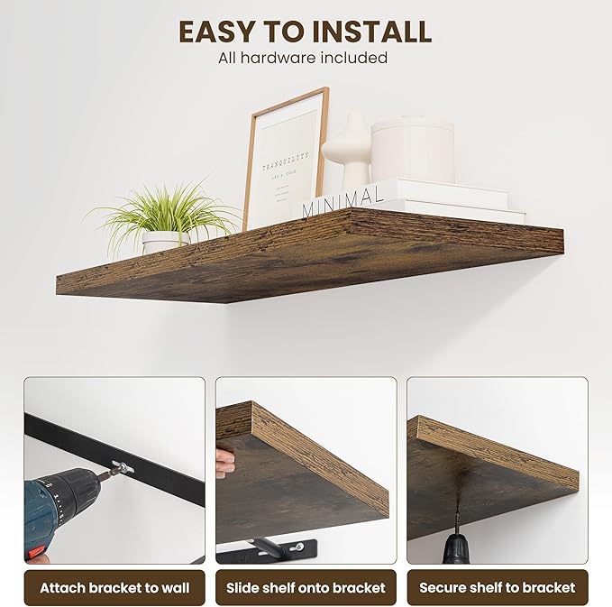 Dreamland 40" Floating Shelves for Wall, 12" Deep Slim Rustic Brown Floating Shelves, Wall-Mounted Shelves for Bedroom, Living Room, Kitchen, Bathroom - Set of 2