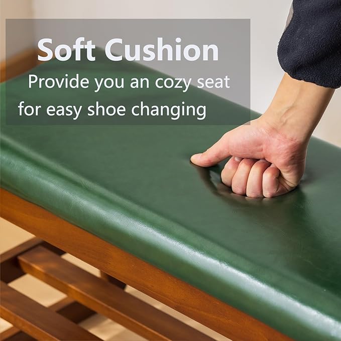 SOBIBO Shoe Bench with Storage - 2-Tier Entryway Bench, Solid Wood Shoe Rack with Cushion & Flip-Open Box, Mid-Century Modern for Hallway, Mudroom, Bedroom (Green, 21.65'')